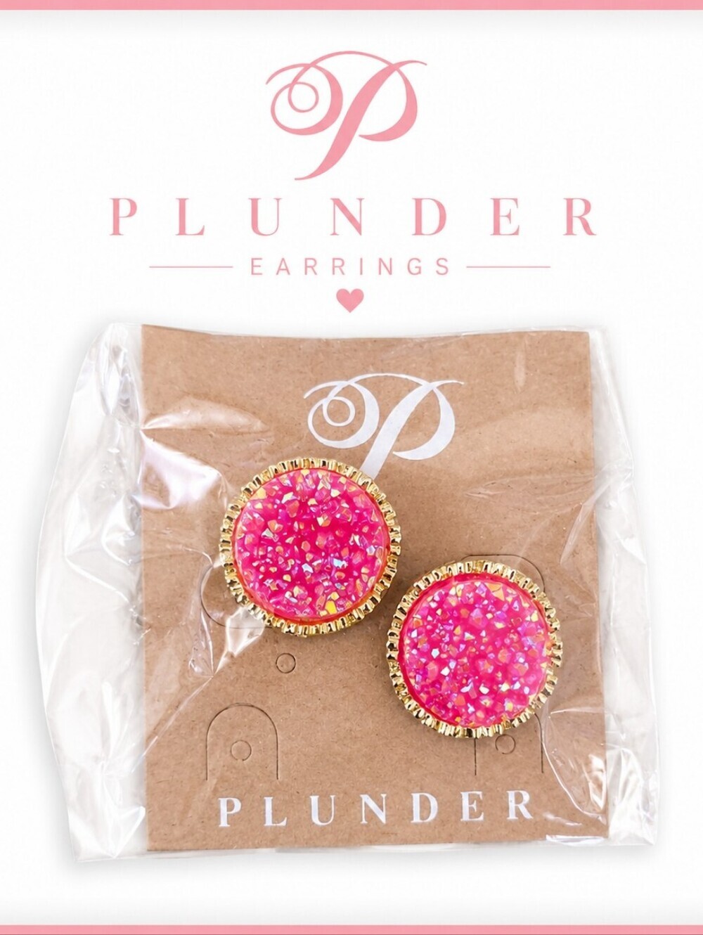 Plunder Design Pink Druzy Gold Stud Earrings NWT
